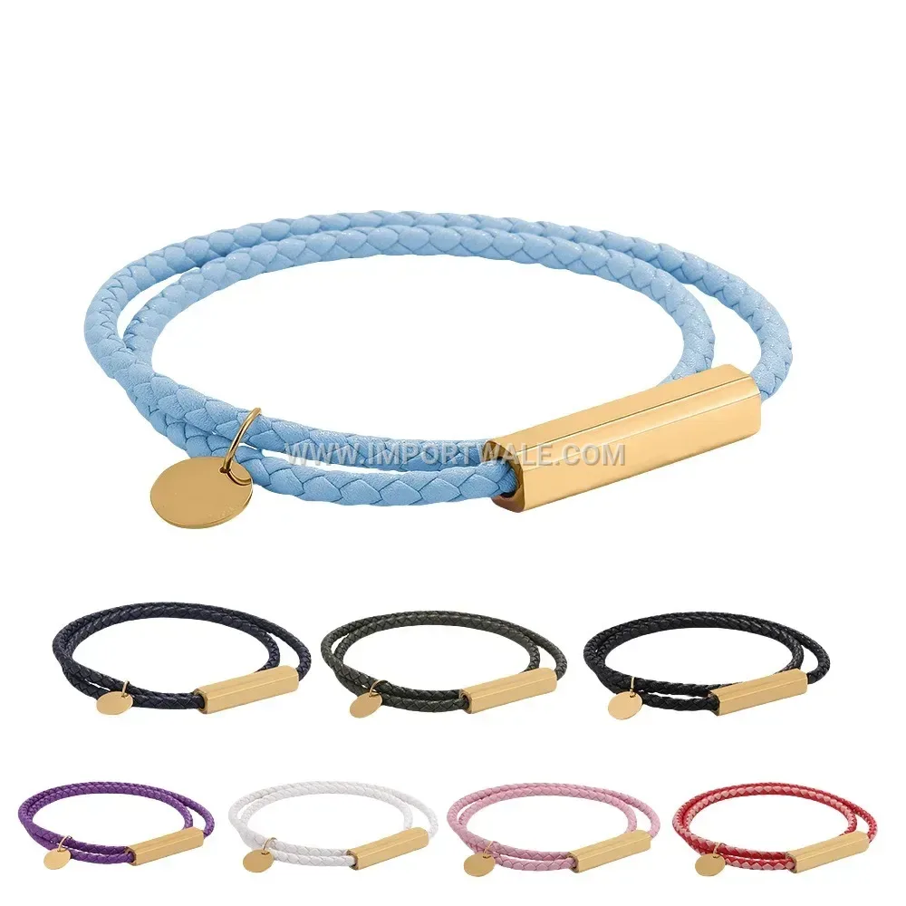 Layered Leatherette Stainless Steel Tag Bracelet