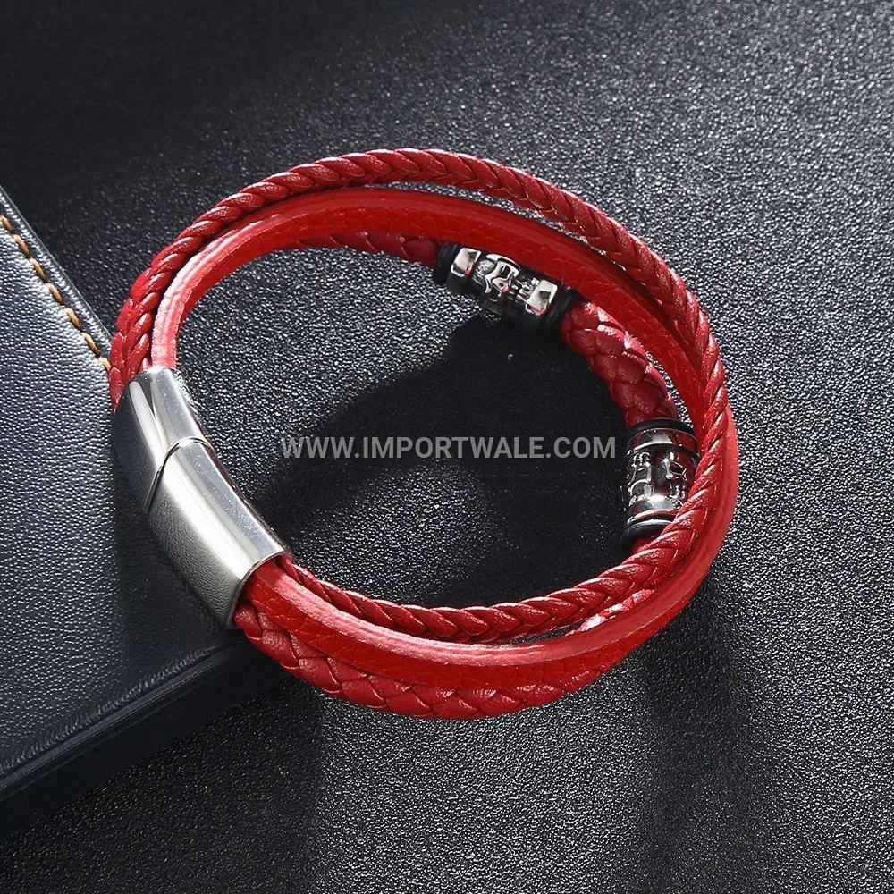 Layered Braided Leather Rope Bracelet with Stainless Steel Hardware