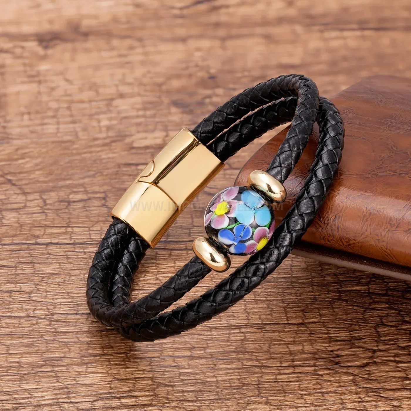 Double Strand Woven Leather Bracelet with Natural Beads and Clasp