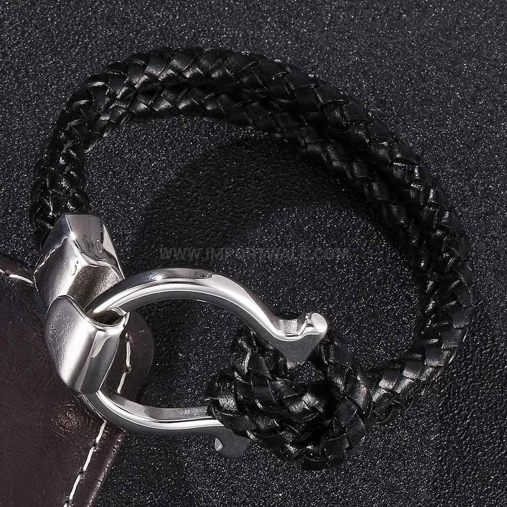 Braided Black Leather Wristband with Stainless Steel Clasp