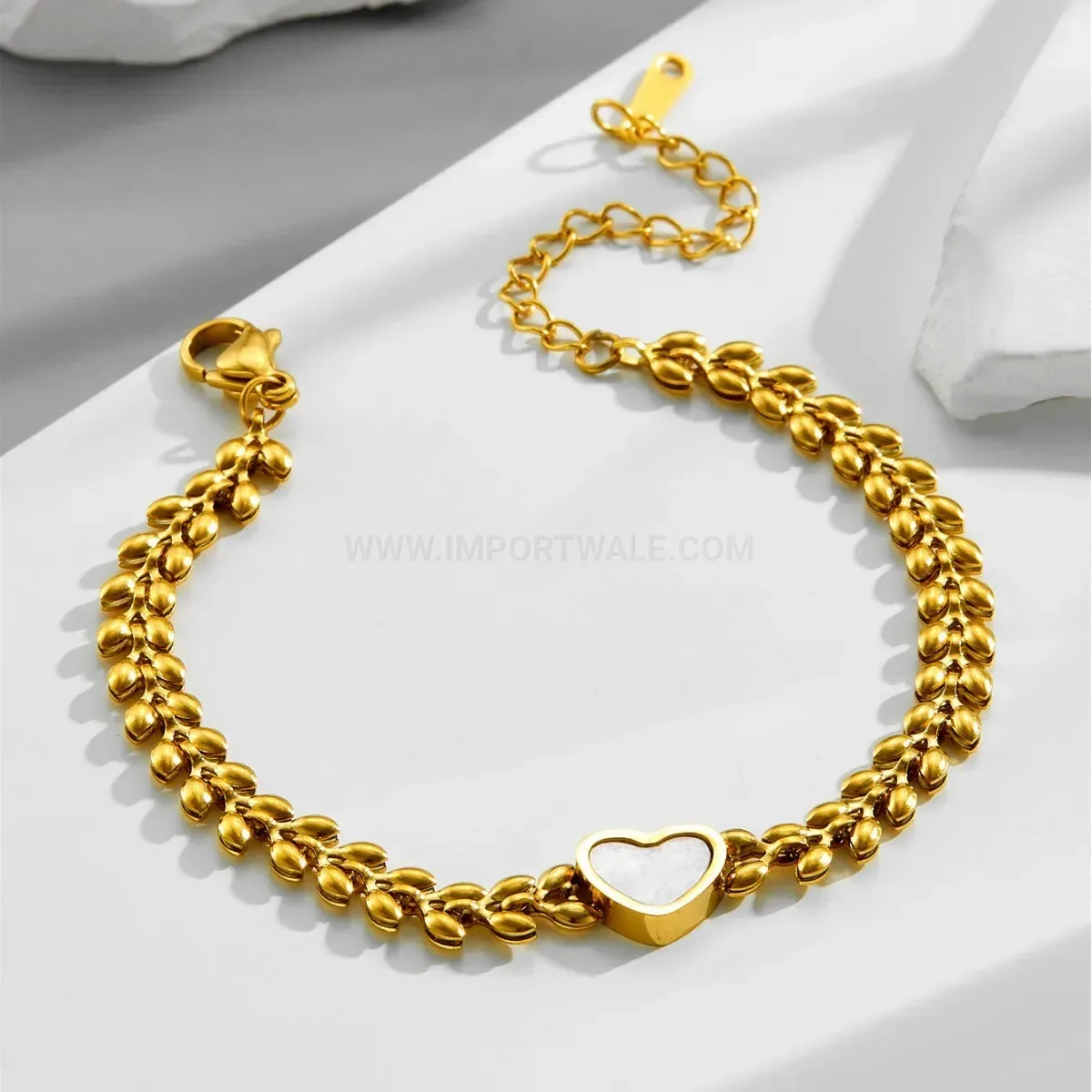 Gold Plated Titanium Steel Wheat Chain Heart Bracelet