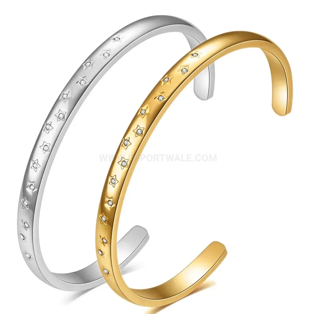 Trendy Star Rhinestone Embedded Stainless Steel Cuff Bangle