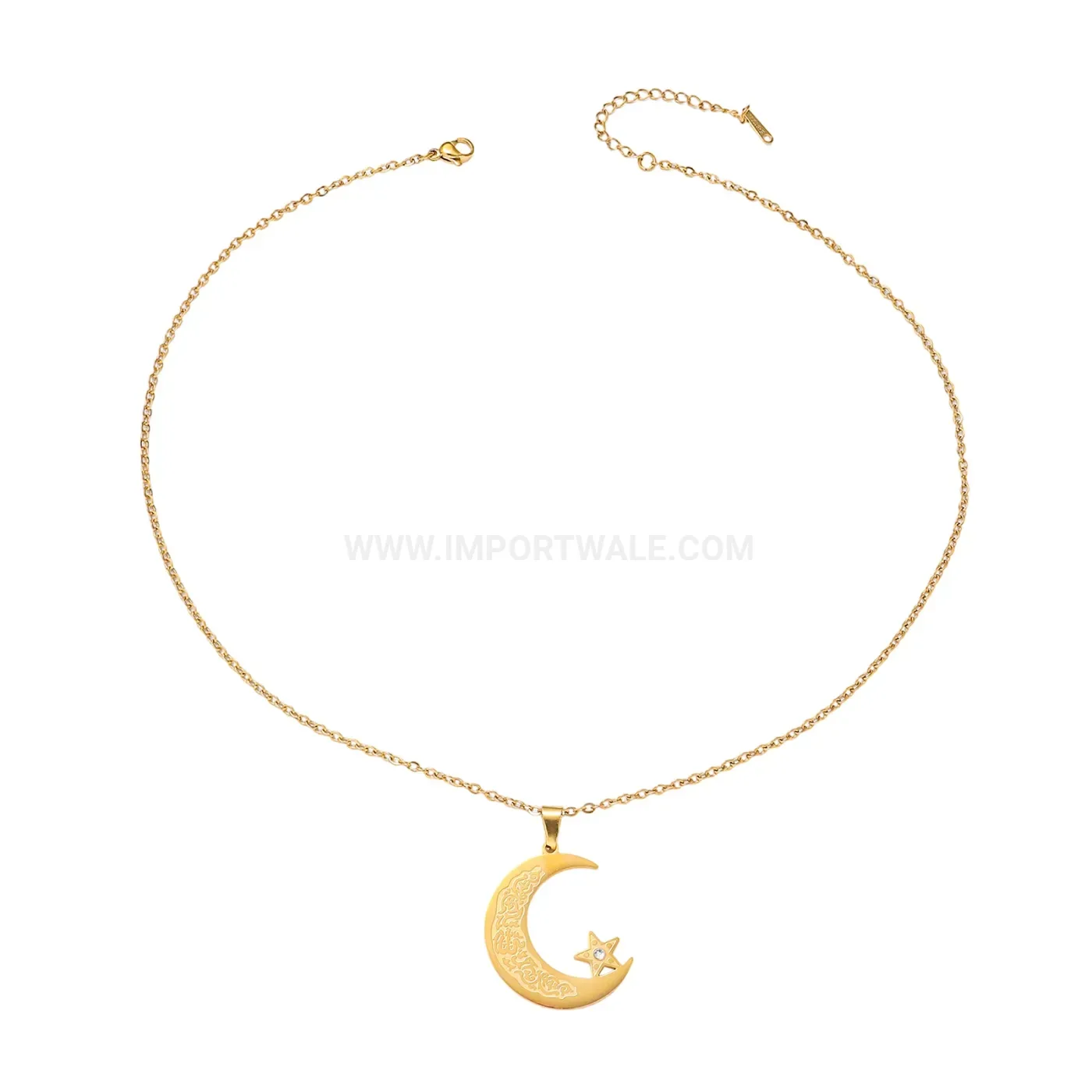 Vintage Stainless Steel Crescent Moon Star Arabic Script Pendant Necklace