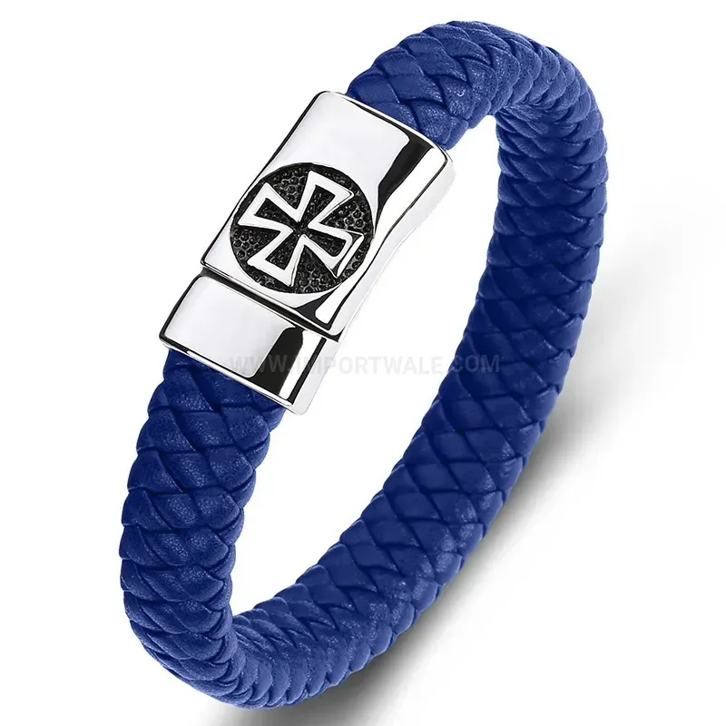 Fashion Stitching Leather Cross Emblem Stainless Steel Men's Bracelet