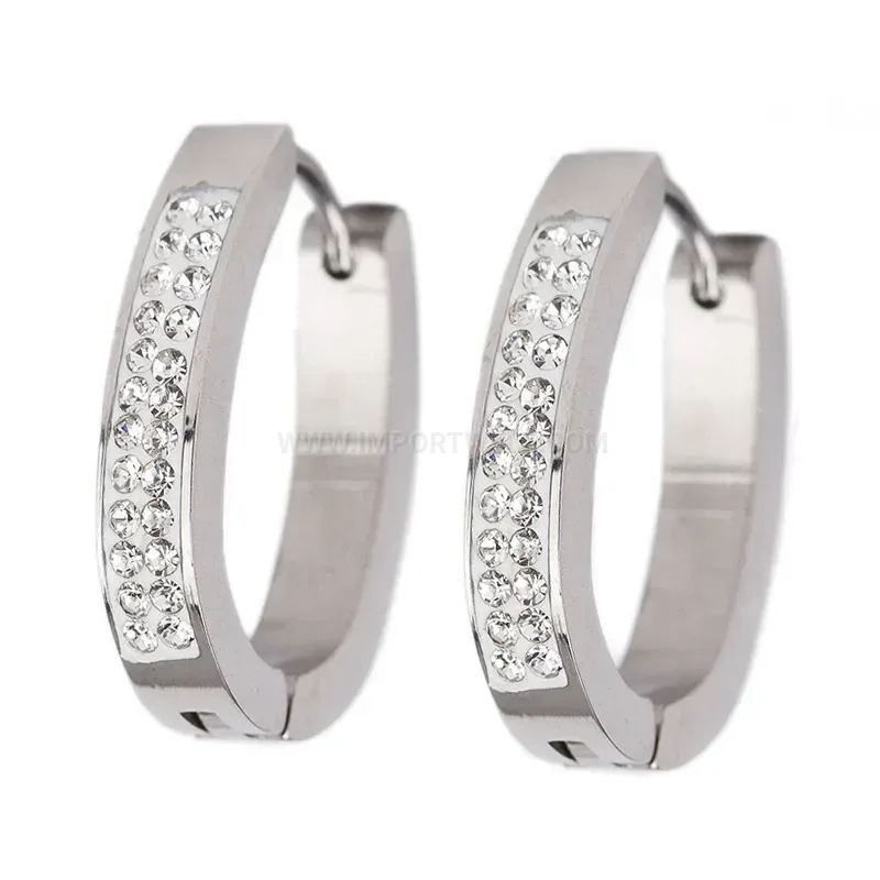Trendy Sleek Single-Row Rhinestone Stainless Steel Hoop Earrings