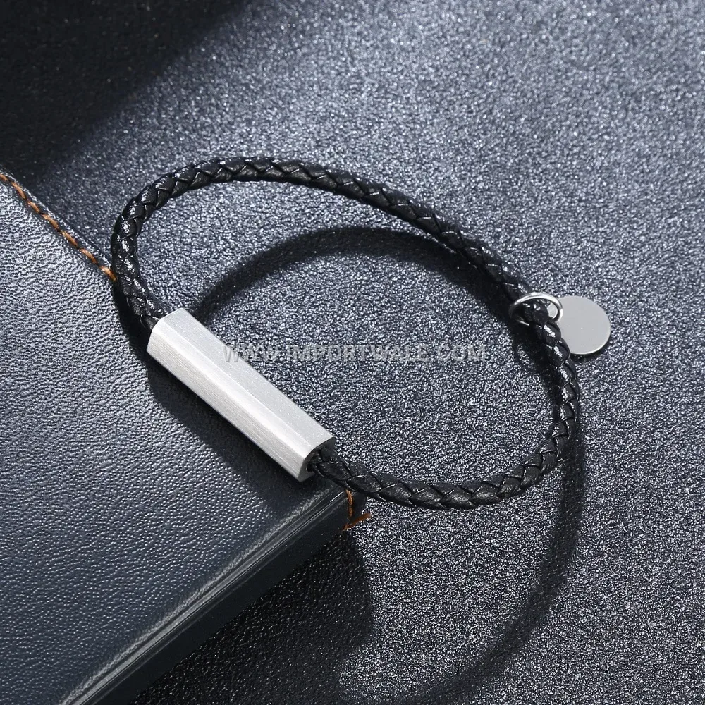 Woven Leather Cord Bracelet with Brushed Stainless Steel Accents