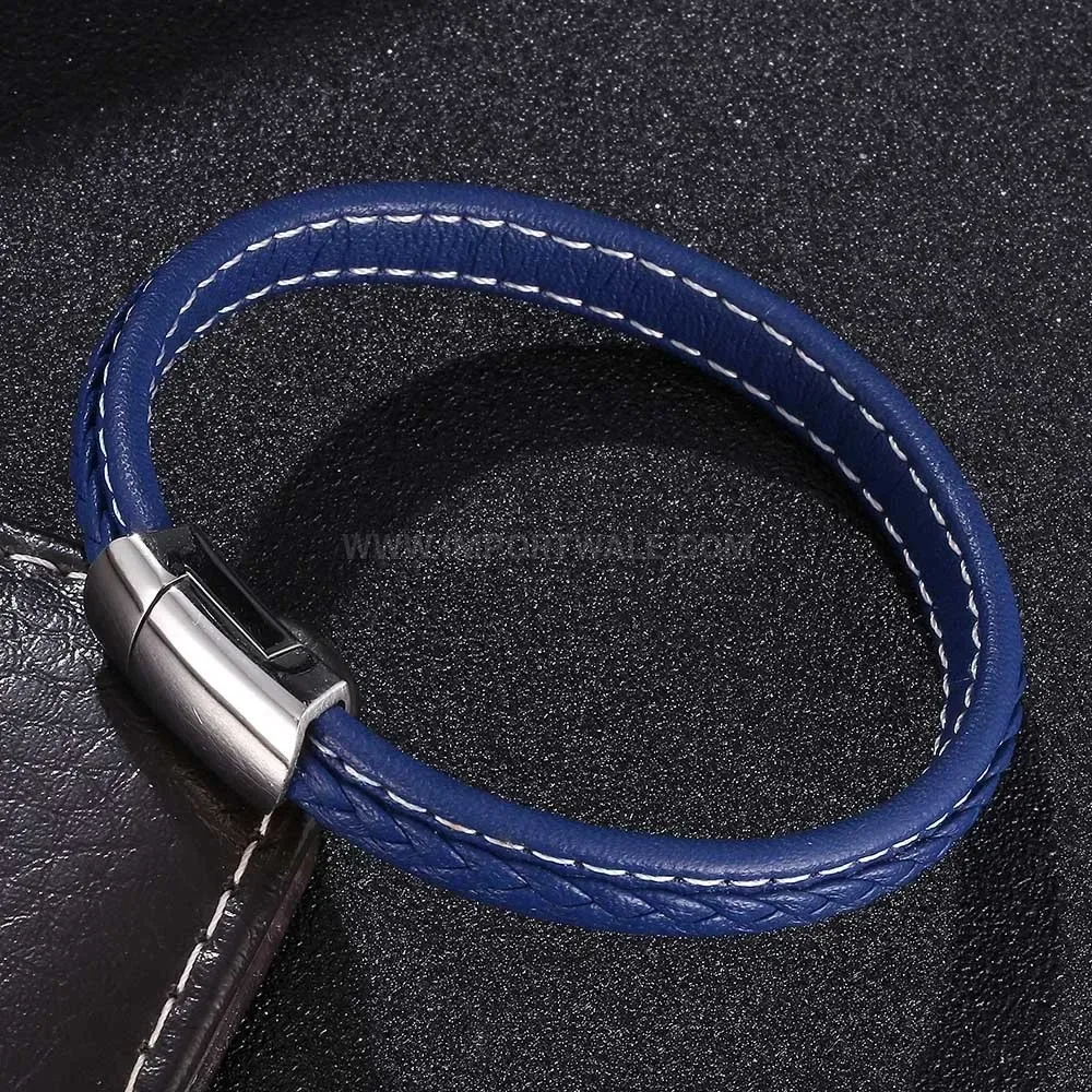Braided Leather Rope Bracelet with Round Magnetic Stainless Steel Clasp
