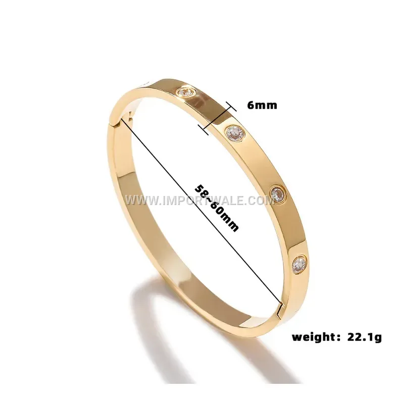 Zircon Studded Brass Bangle Wristband with Elegant Buckle Closure