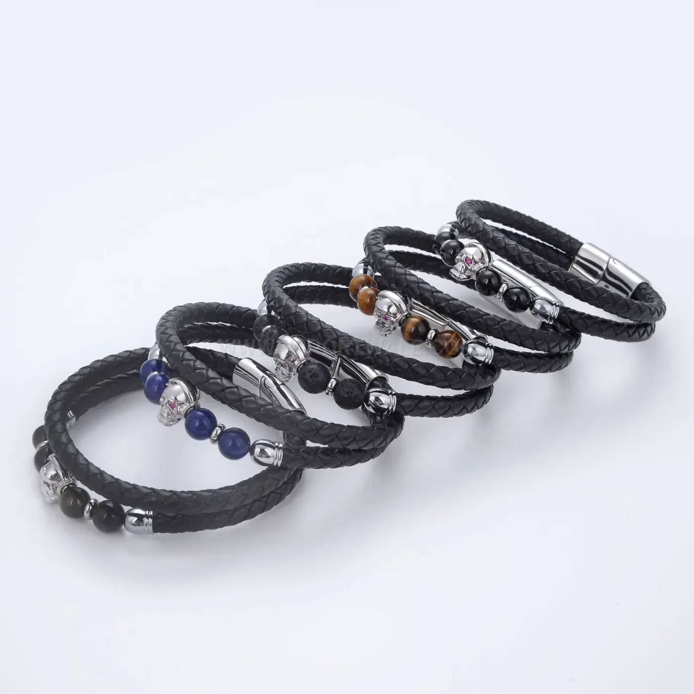 Double Layer Woven Leather Stone Bracelet with Skull Steel Clasp