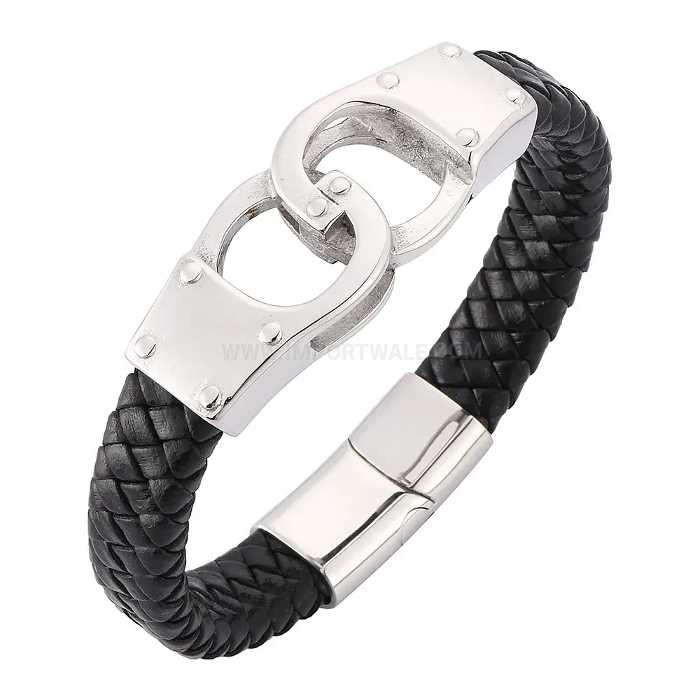 Premium Handcuff Charm Braided Leather and Stainless Steel Bracelet