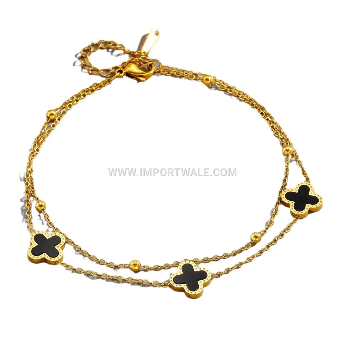 Double Layer Four Leaf Clover Gold Toned Premium Anklet Anti Tarnish