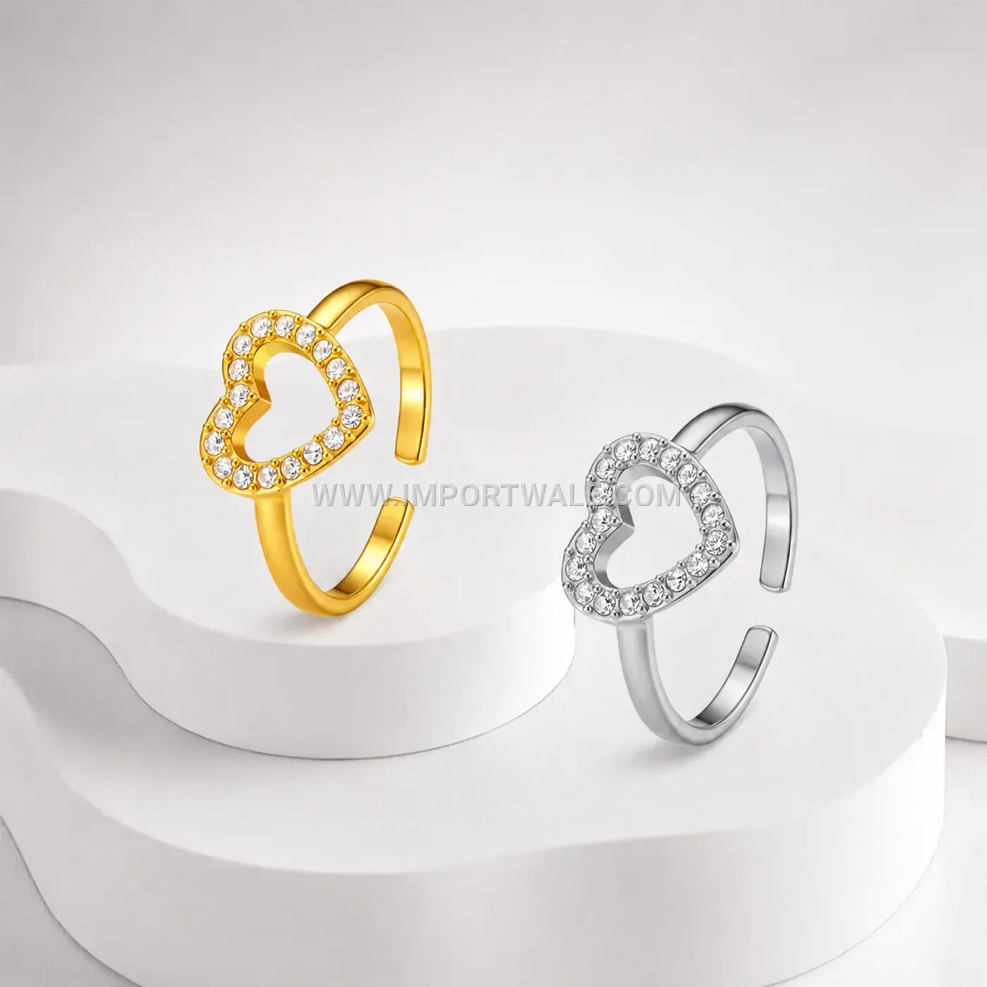 Open Heart Stainless Steel Rhinestone Adjustable Ring