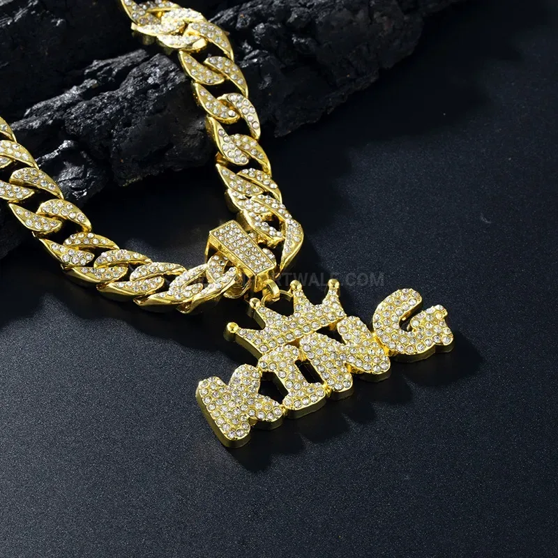 Iced Out King Letter Pendant with Thick Cuban Chain