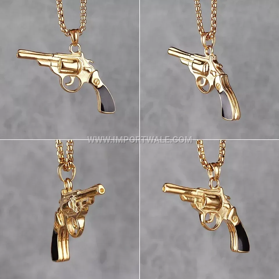 Gold Stainless Steel Pistol Pendant with Resin Inlay