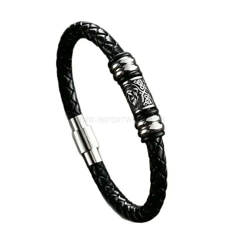 Elegant Men Braided Leather Bracelet with Viking Patterned Beads