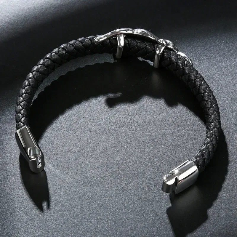 Premium Handcrafted Leopard Stainless Steel and Braided Leather Unisex Bracelet