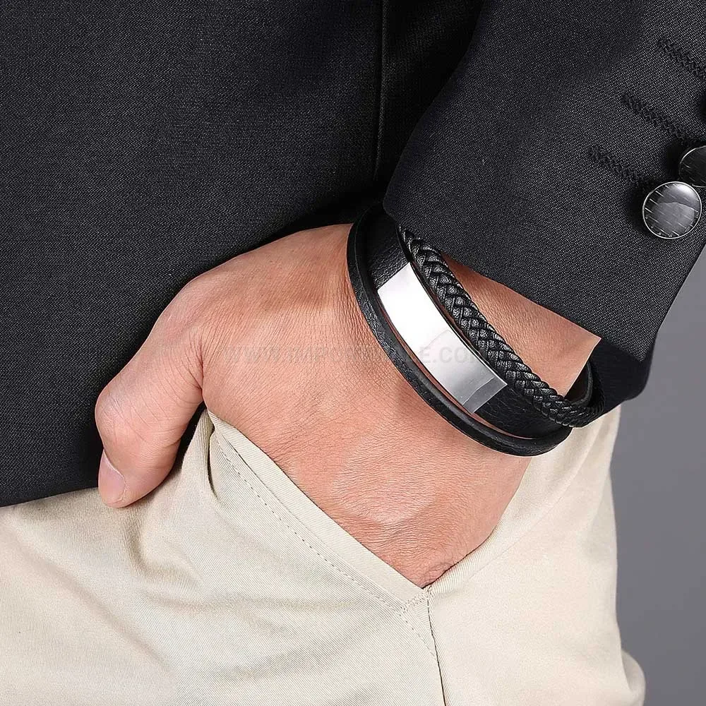 Multi Layer Leather Bracelet with Stainless Steel Accent
