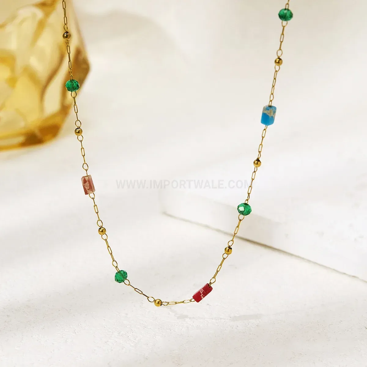 Bold Natural Stone Beaded Titanium Stainless Steel Geometric Necklace