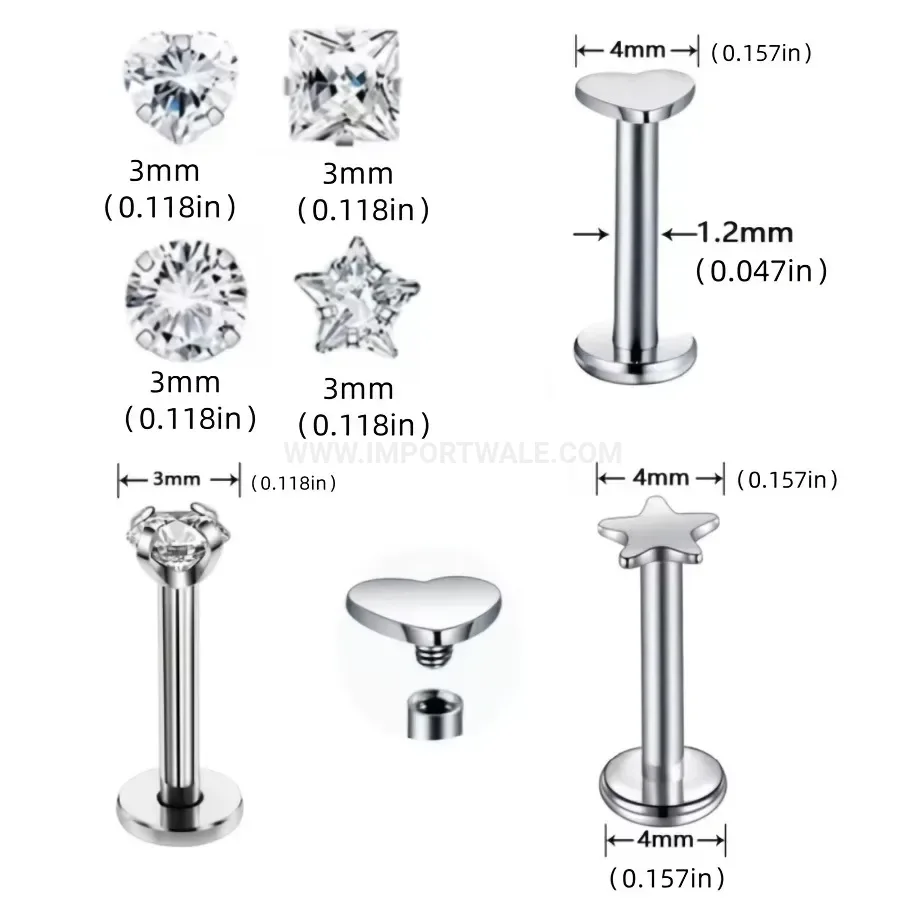 Bold Stainless Steel Internal Thread Zircon Labret Ear Piercing Set