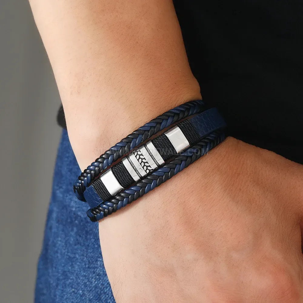 Designer Triple-Ring Engraved Leather Bracelet With Magnetic Closure