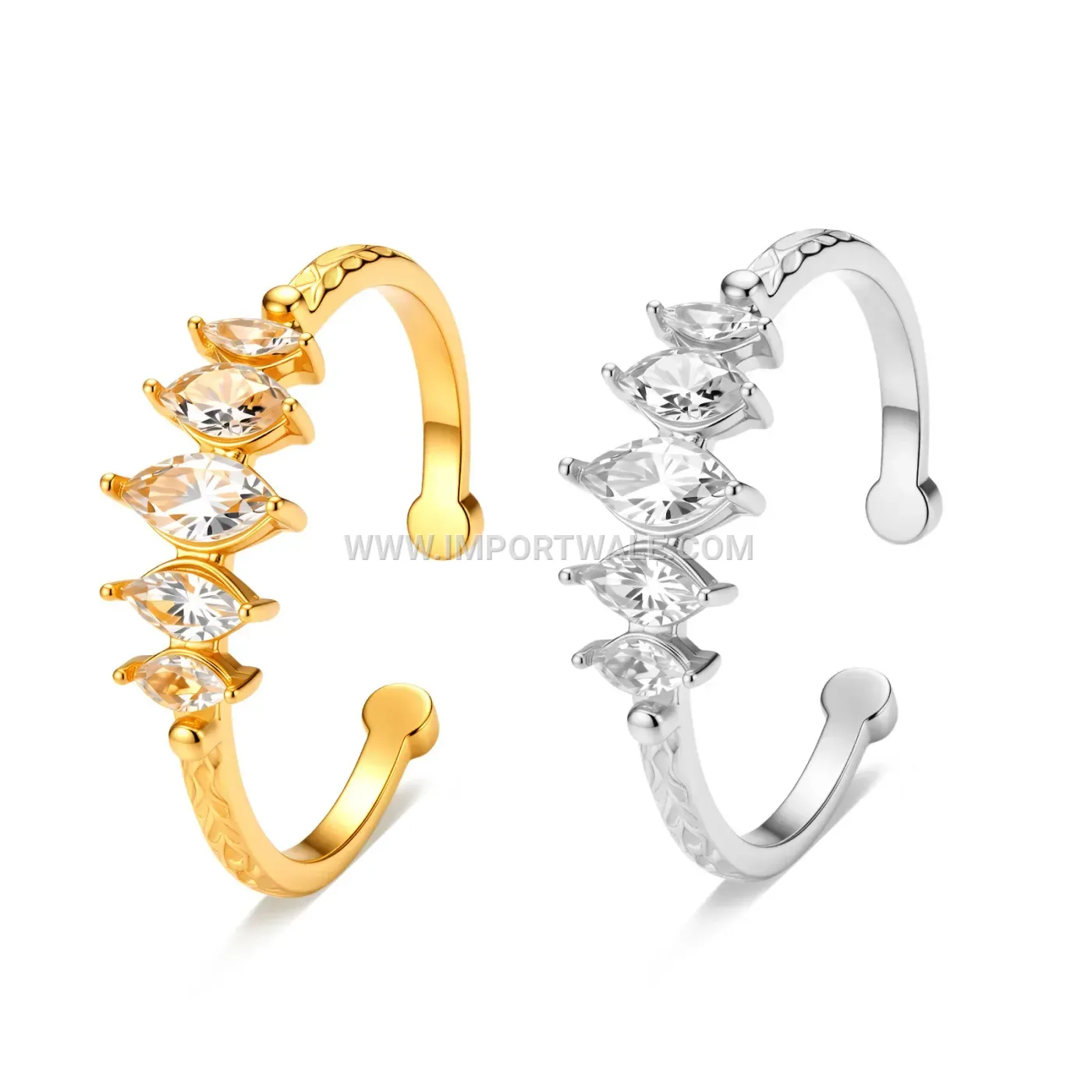 Hammered Stainless Steel Adjustable Open Ring with Sparkle Details