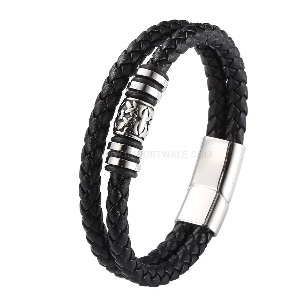 Color Block Leather Beaded Stainless Steel Men Wristband