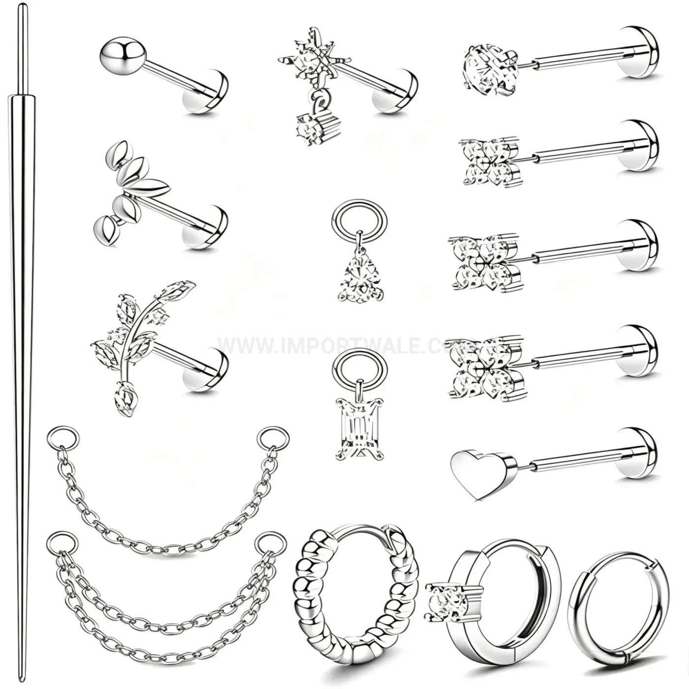 Chic Stainless Steel Floral Chain Piercing Ear Cartilage Stud Set