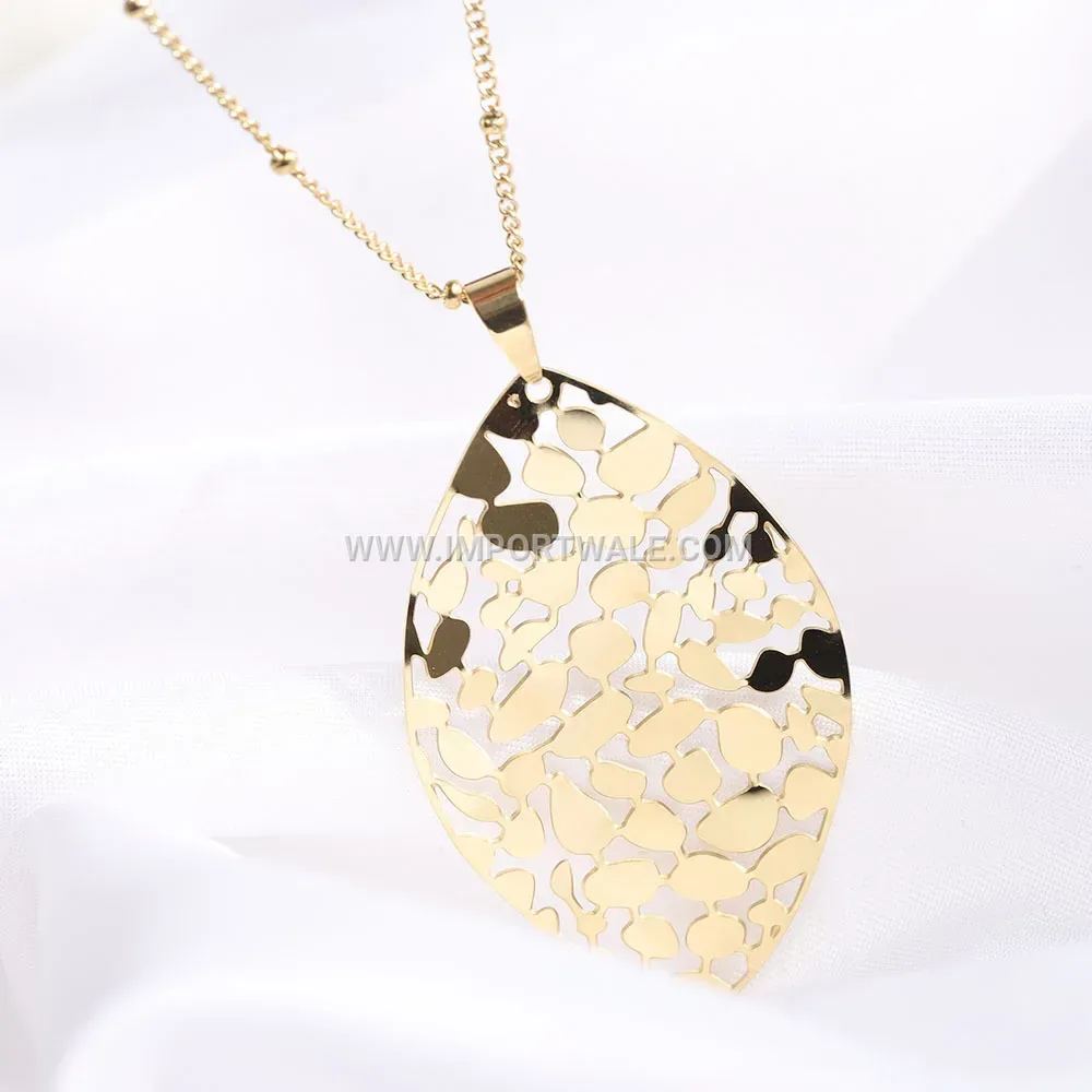 Filigree Cutout Leaf Pendant Stainless Steel Chain Necklace