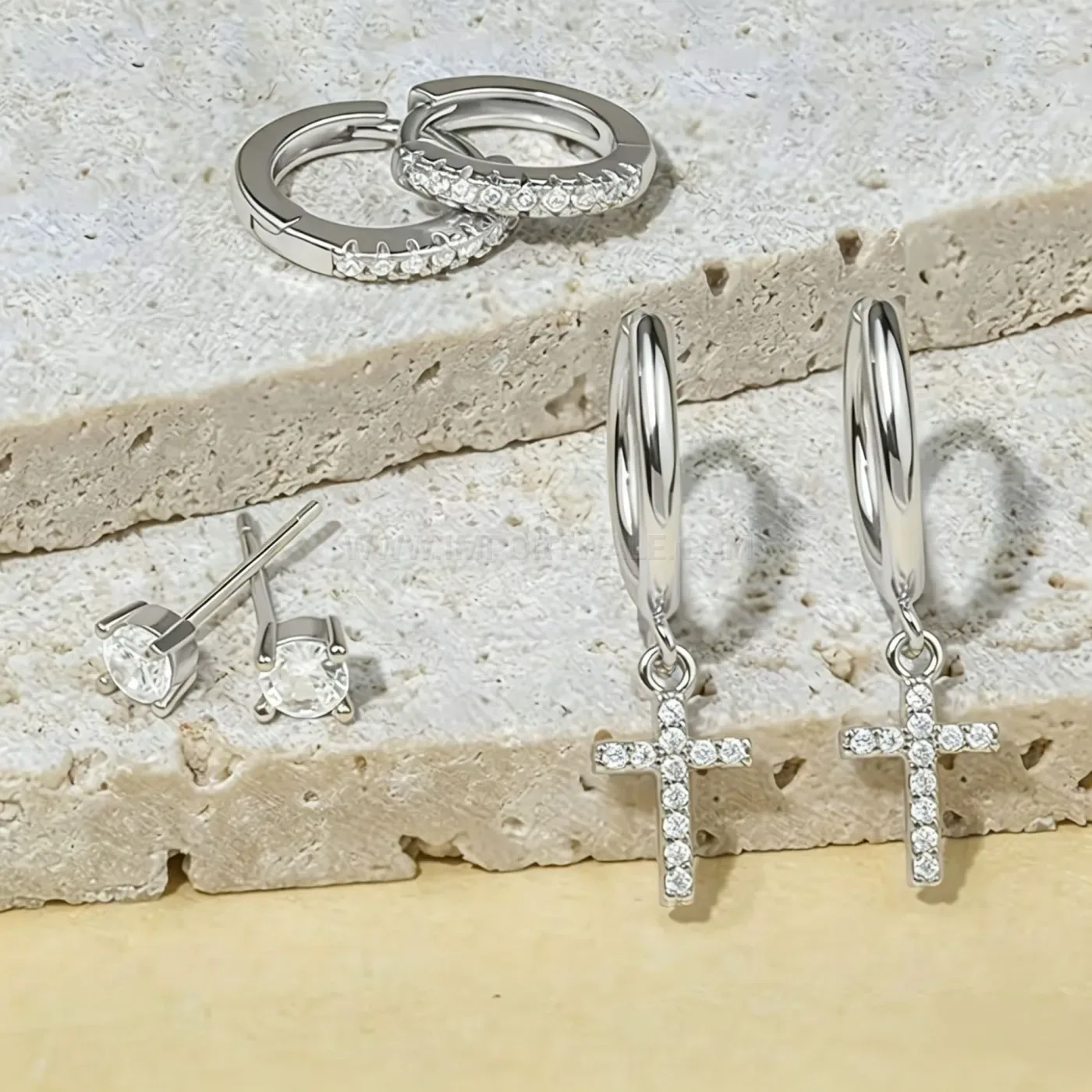 Bold Vintage Stainless Steel Rhinestone Cross Hoop Ear Cartilage Piercing Set