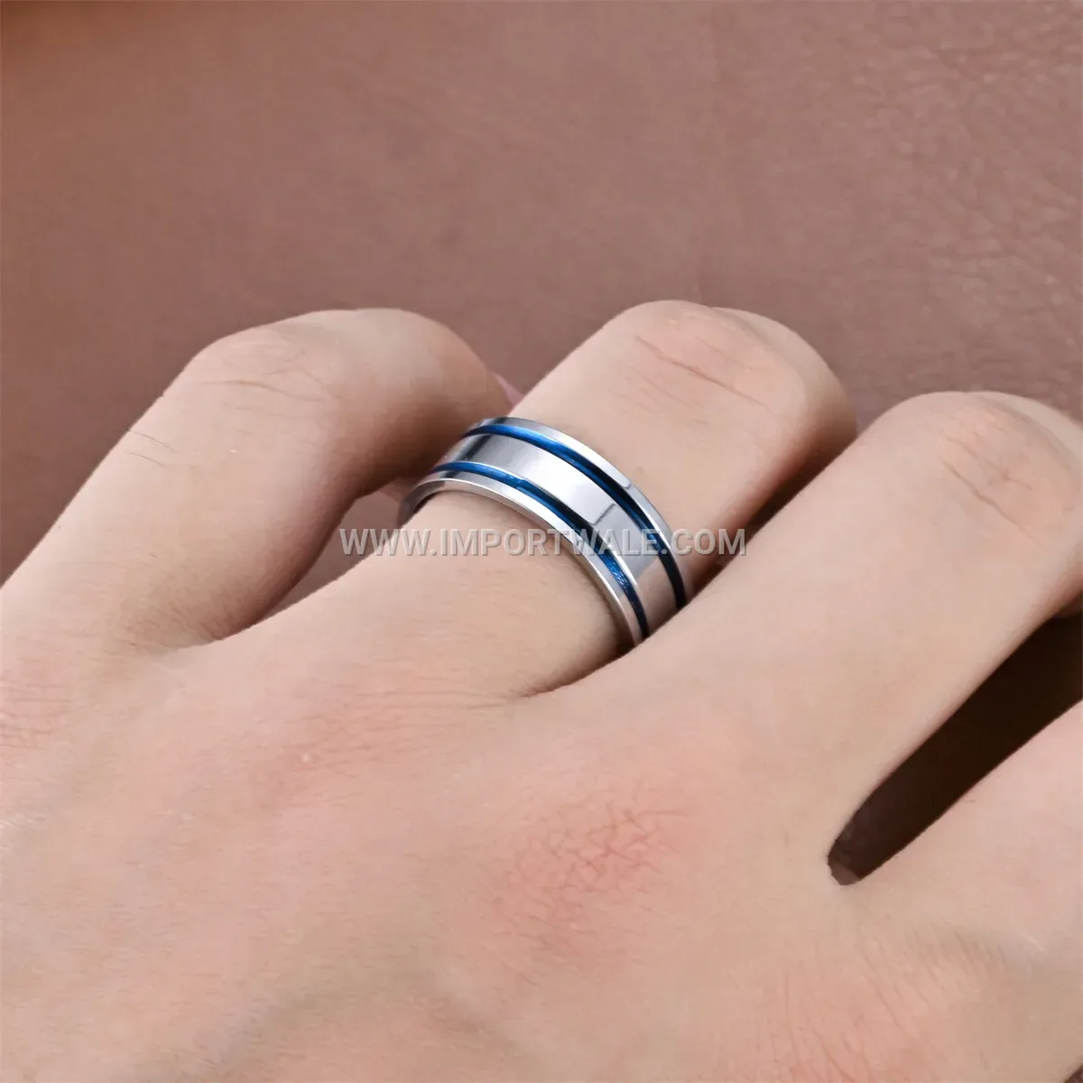 Blue Dual Line Inlay Stainless Steel Men Band Ring