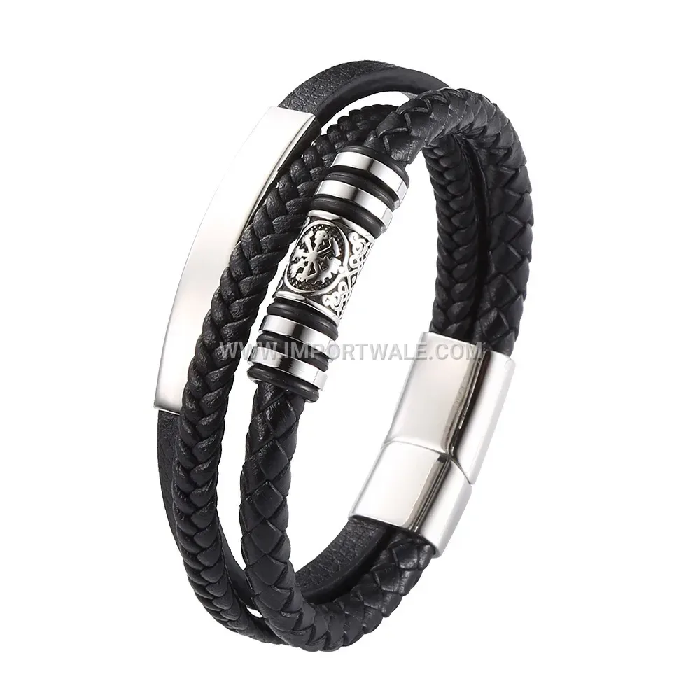 Viking Pattern Multi-Strand Braided Leather Steel Bracelet