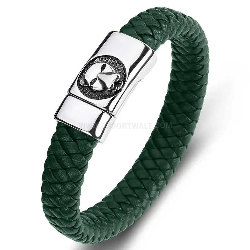 Wolf Head Stainless Steel Stitched Leather Men's Bracelet