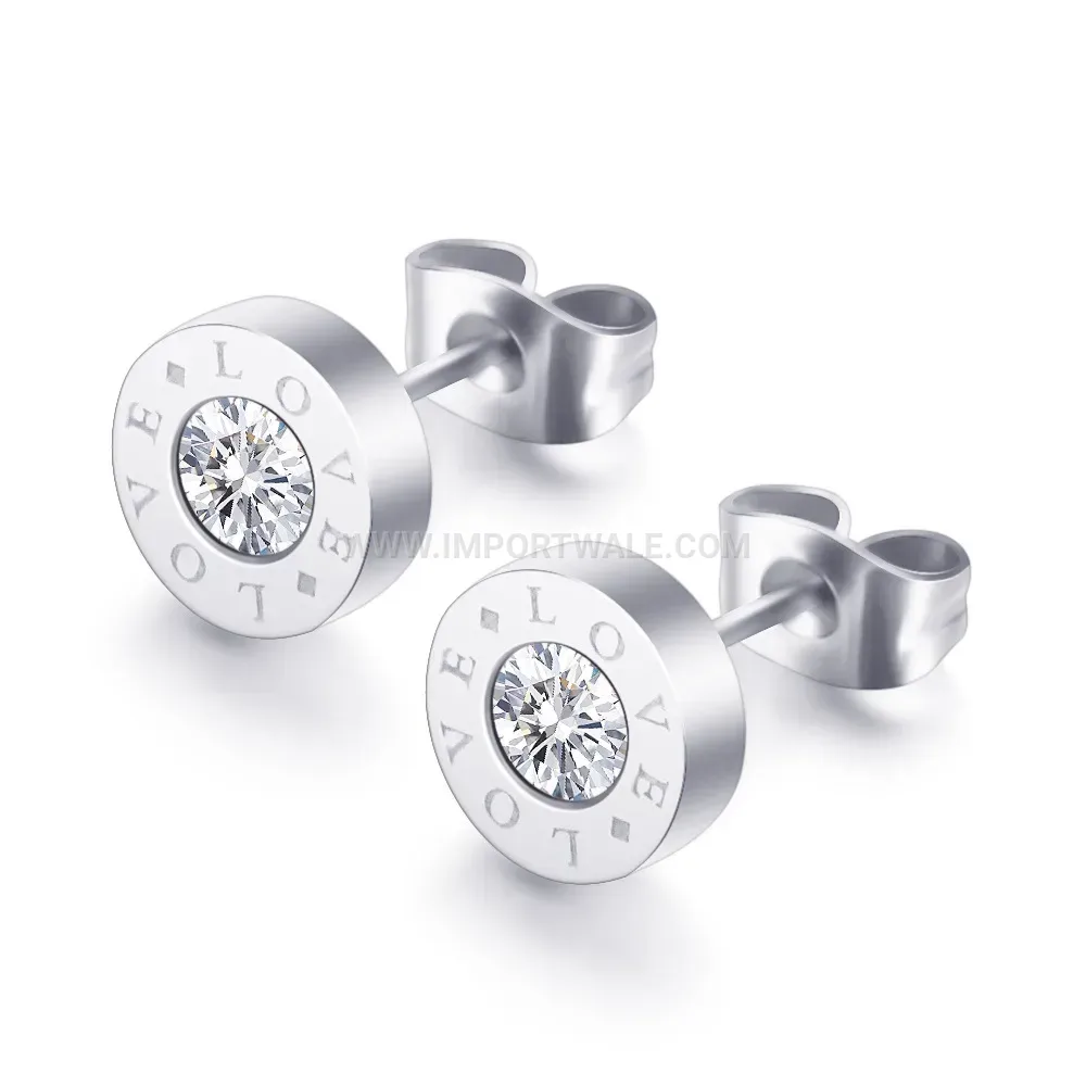 Engraved Love Round Stainless Steel Stud Earrings