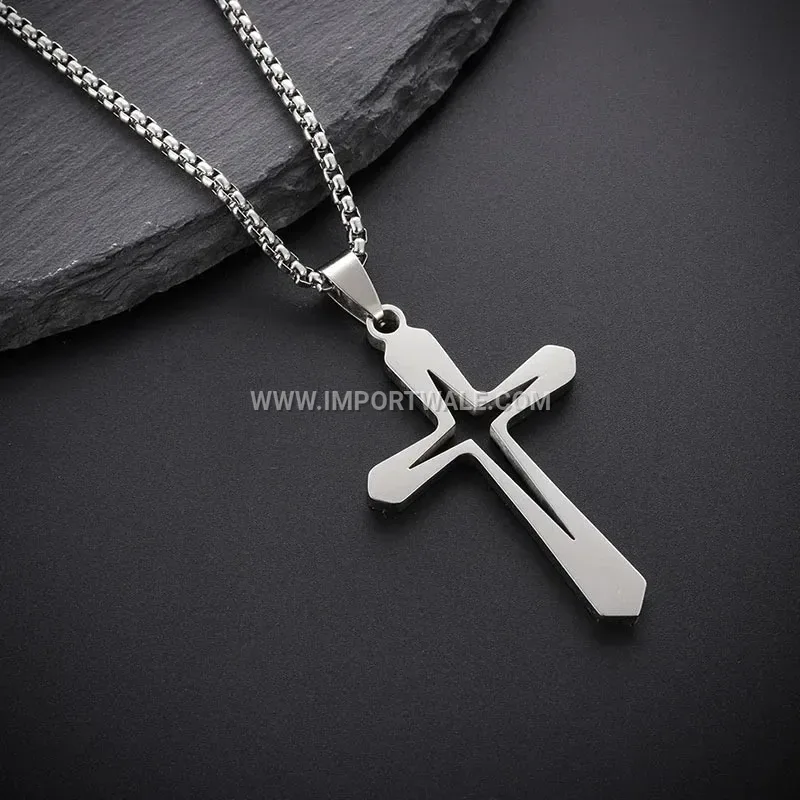 Hollow Cross Stainless Steel Pendant Link Chain Necklace