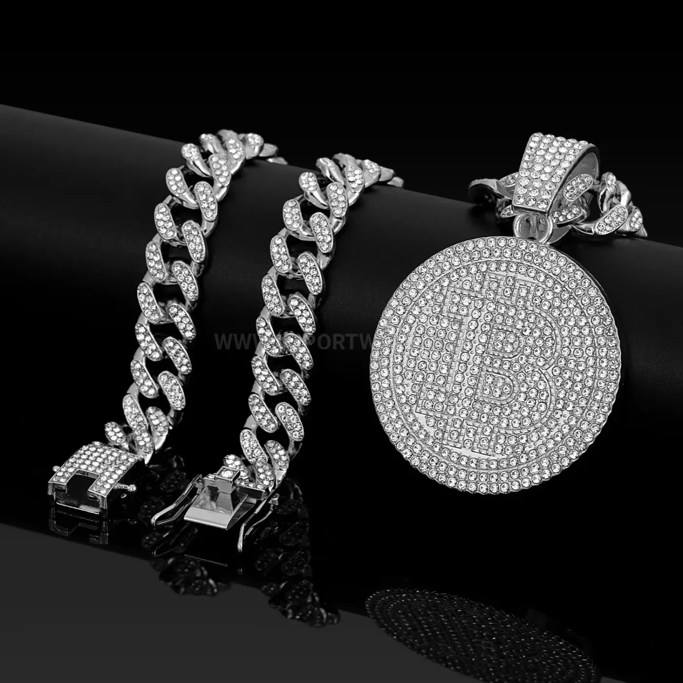 Classic Rhinestone Round Letter B Medallion Cuban Link Necklace