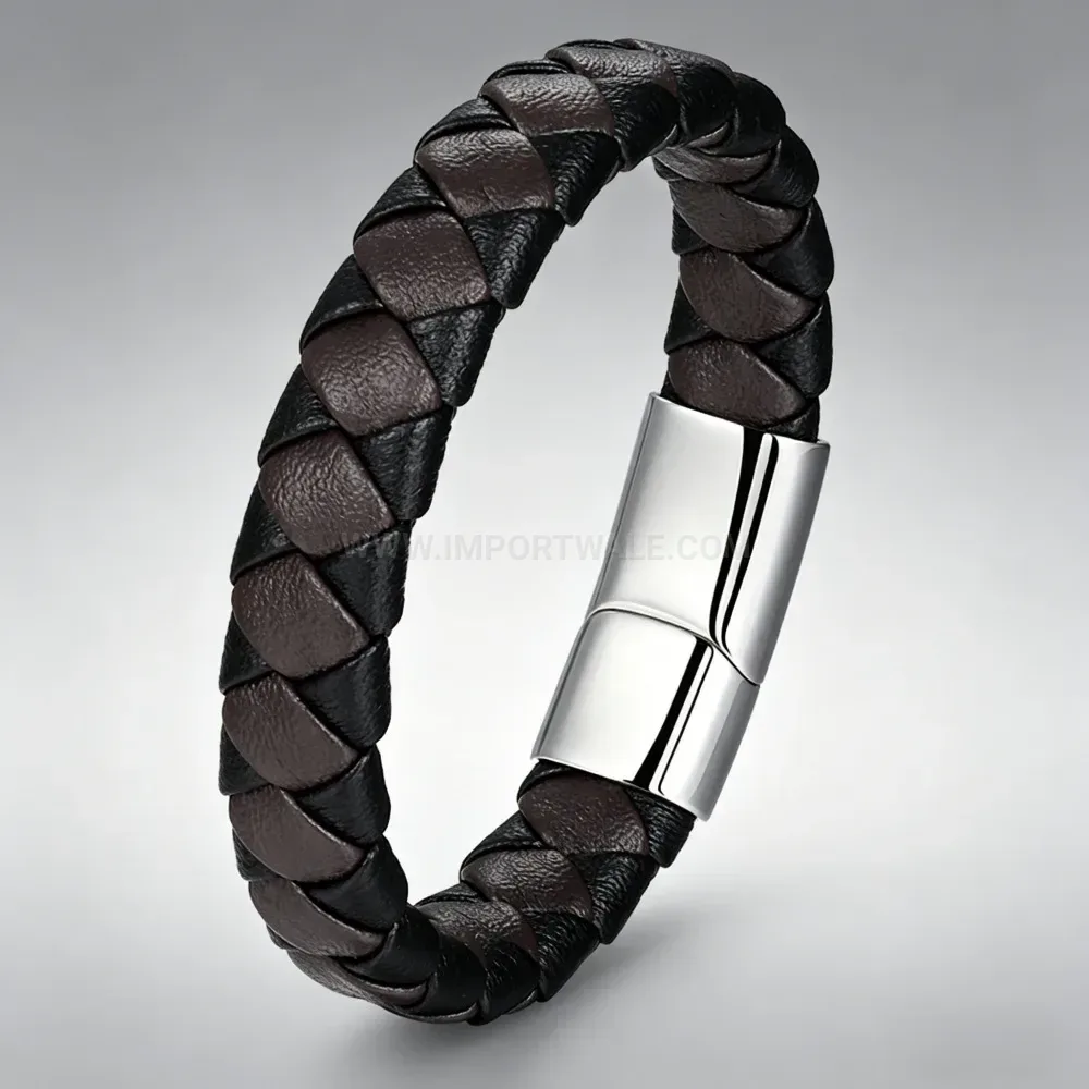Stylish Braided Leather Cord Bracelet With Metallic Clasp