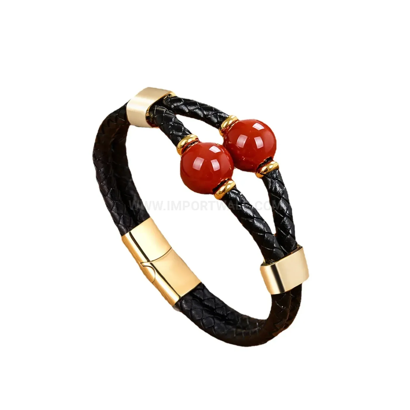 Double Strand Braided Leather Natural Stone Cuff Stainless Steel Clasp