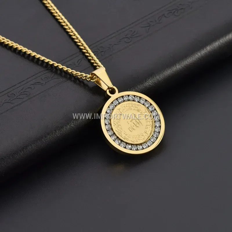 Arabic Calligraphy Ayatul Kursi Zircon Stainless Steel Pendant Necklace