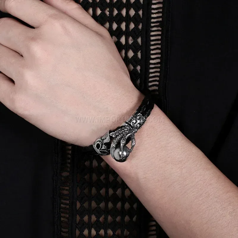 Elegant Double-Strand Eagle Claw Leather Stainless Steel Men Wrap Bracelet