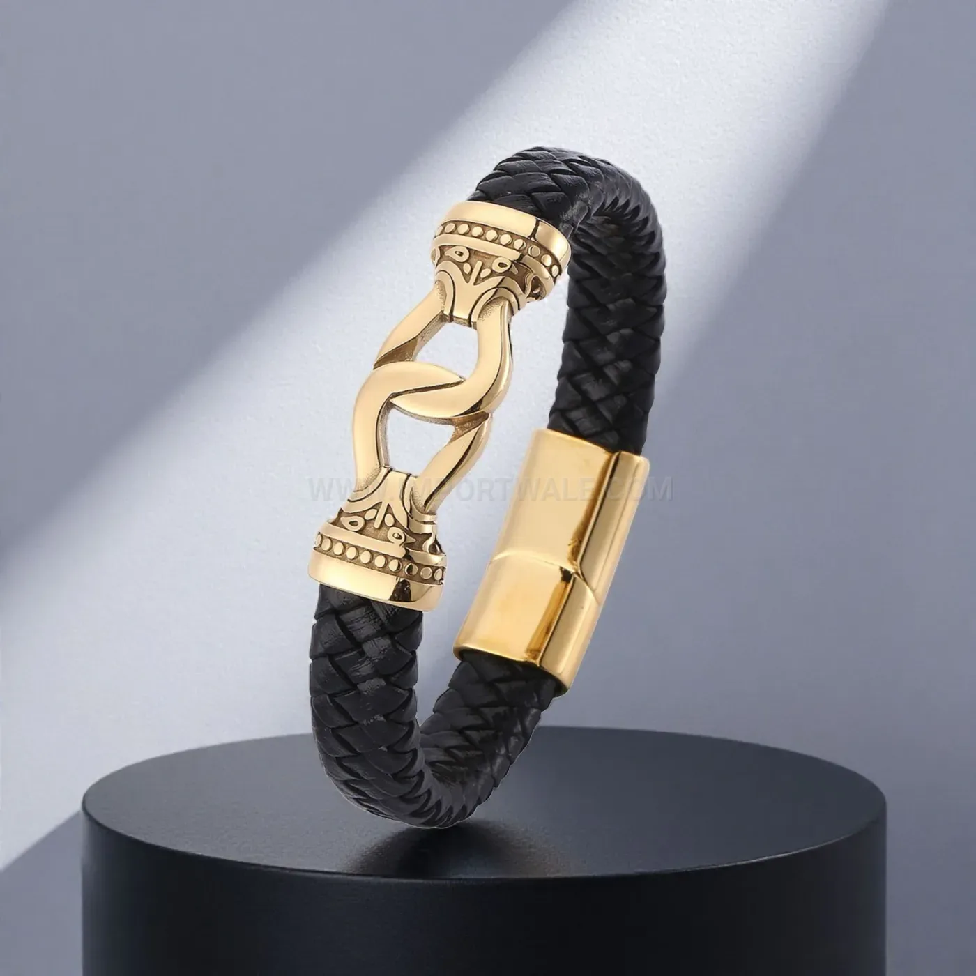 Woven Leather Bracelet with Stainless Steel Accents