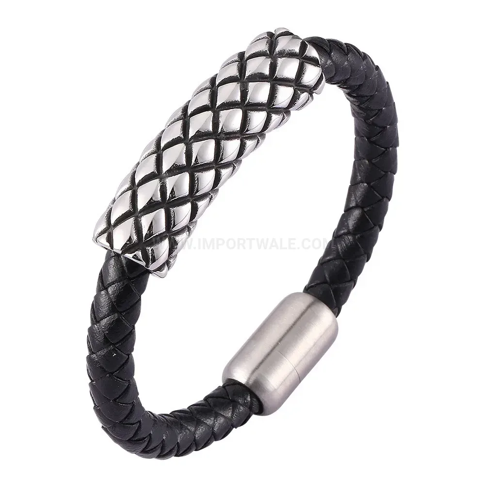 Braided Black Leather Bracelet with Steel Magnetic Clasp
