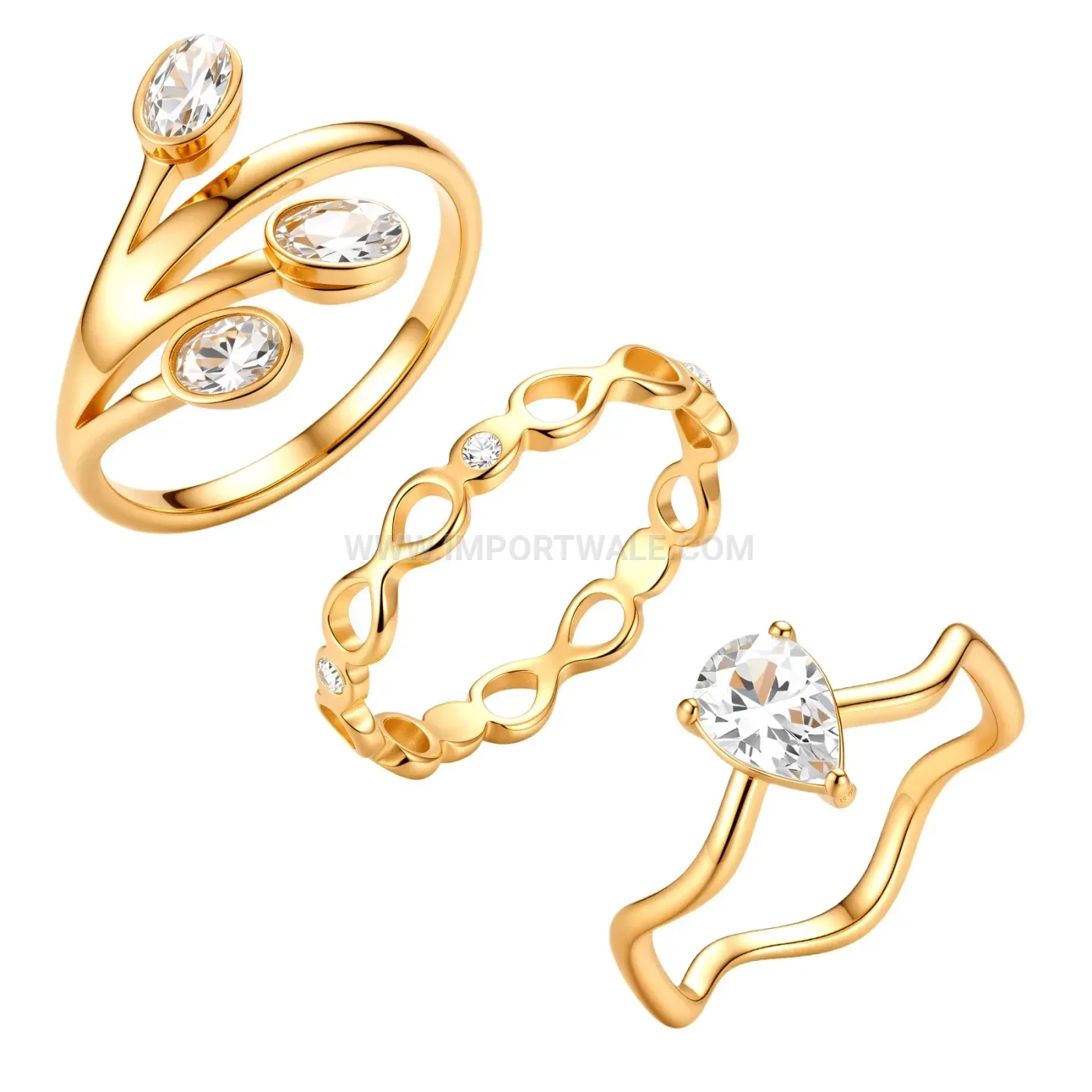 Wavy Cutout Gold Plated Stainless Steel Cubic Zirconia Ring Set