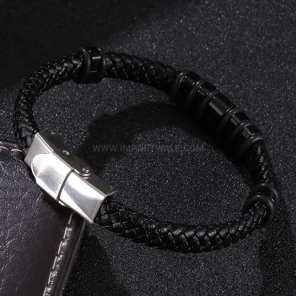 Microfiber Leather Braided Stainless Steel Men's Bracelet