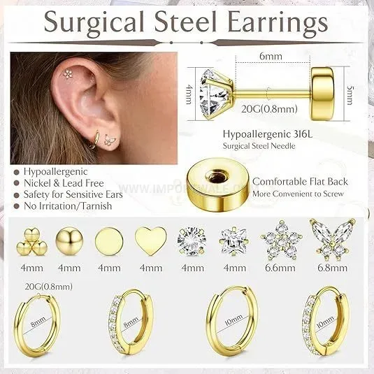 Trendy Stainless Steel Butterfly Zirconia Cartilage Ear Piercing Studs Set