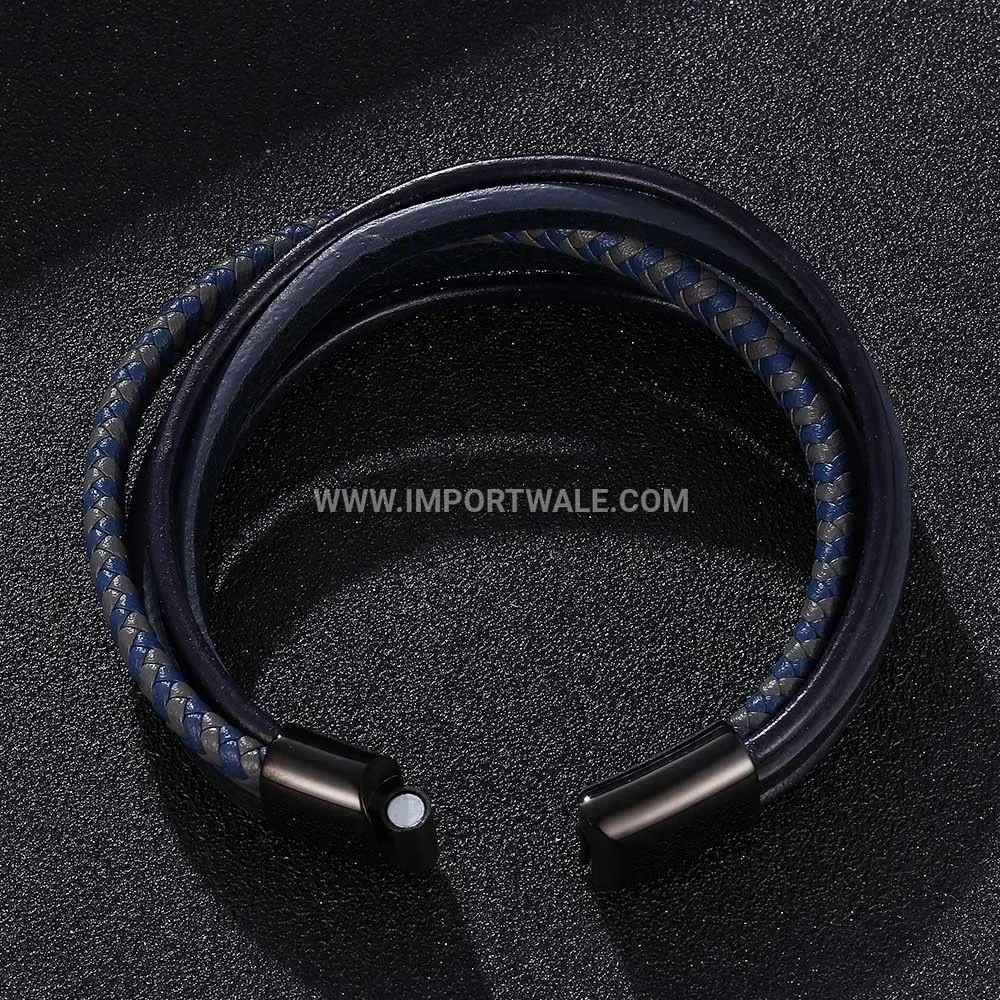 Handwoven Blue and Grey Leather Steel Bracelet with Black Clasp