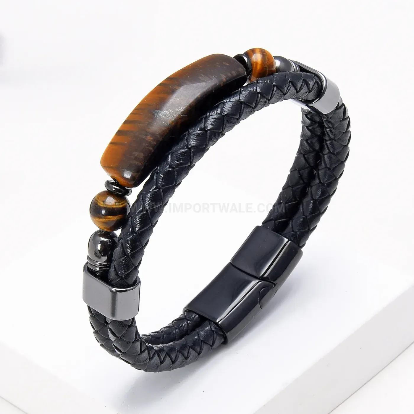 Double Layer Handmade Woven Leather Bracelet with Stainless Steel Clasp