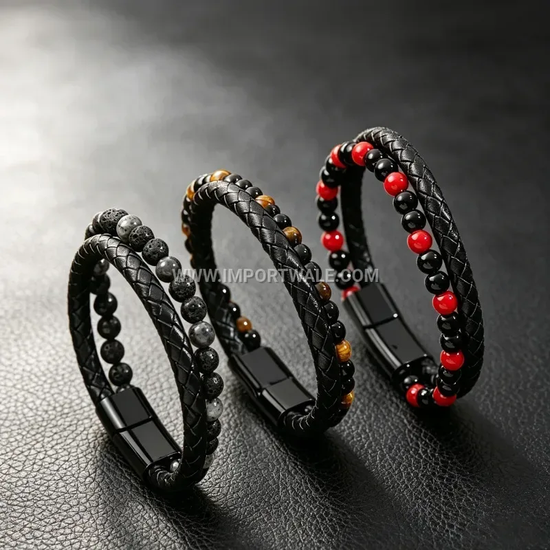 Men Braided Leather and Natural Stone Bracelet with Magnetic Clasp