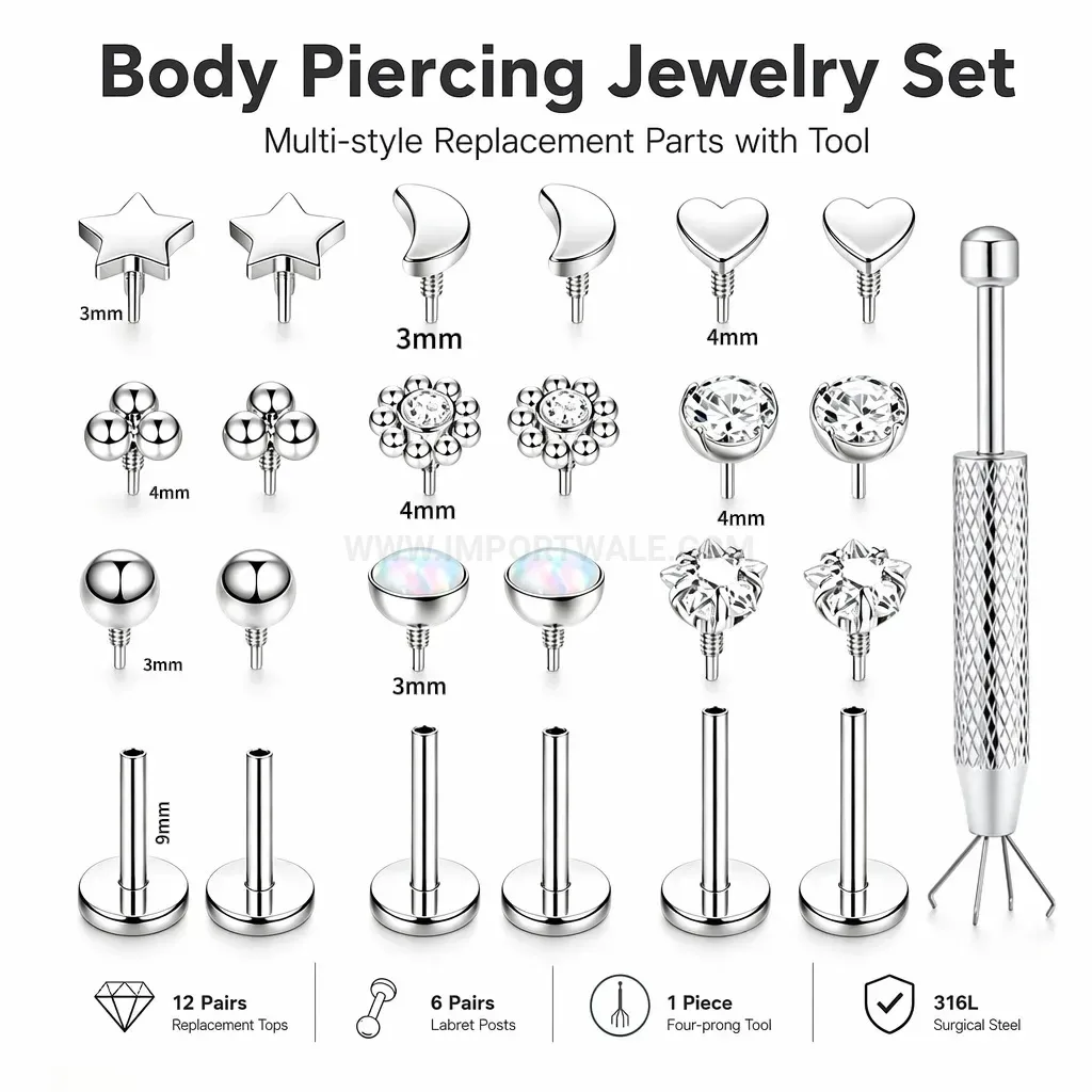 Classic Stainless Steel Flat Back Internal Thread Gemmed Nose Stud Piercing