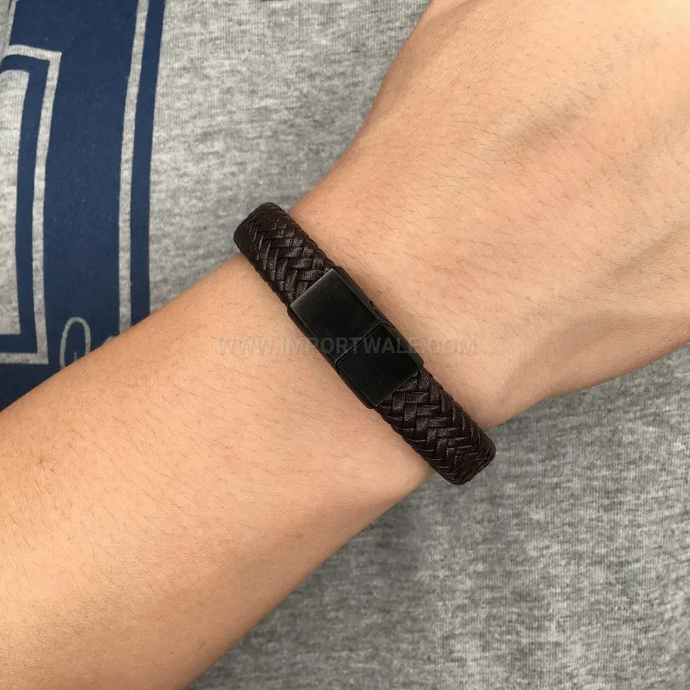 Vintage Woven Leather Bracelet with Stainless Steel Magnetic Clasp