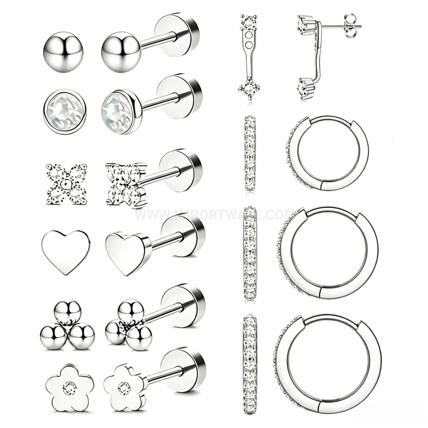 Bold Minimalist Stainless Steel Heart and Flower Piercing Stud Earring Set